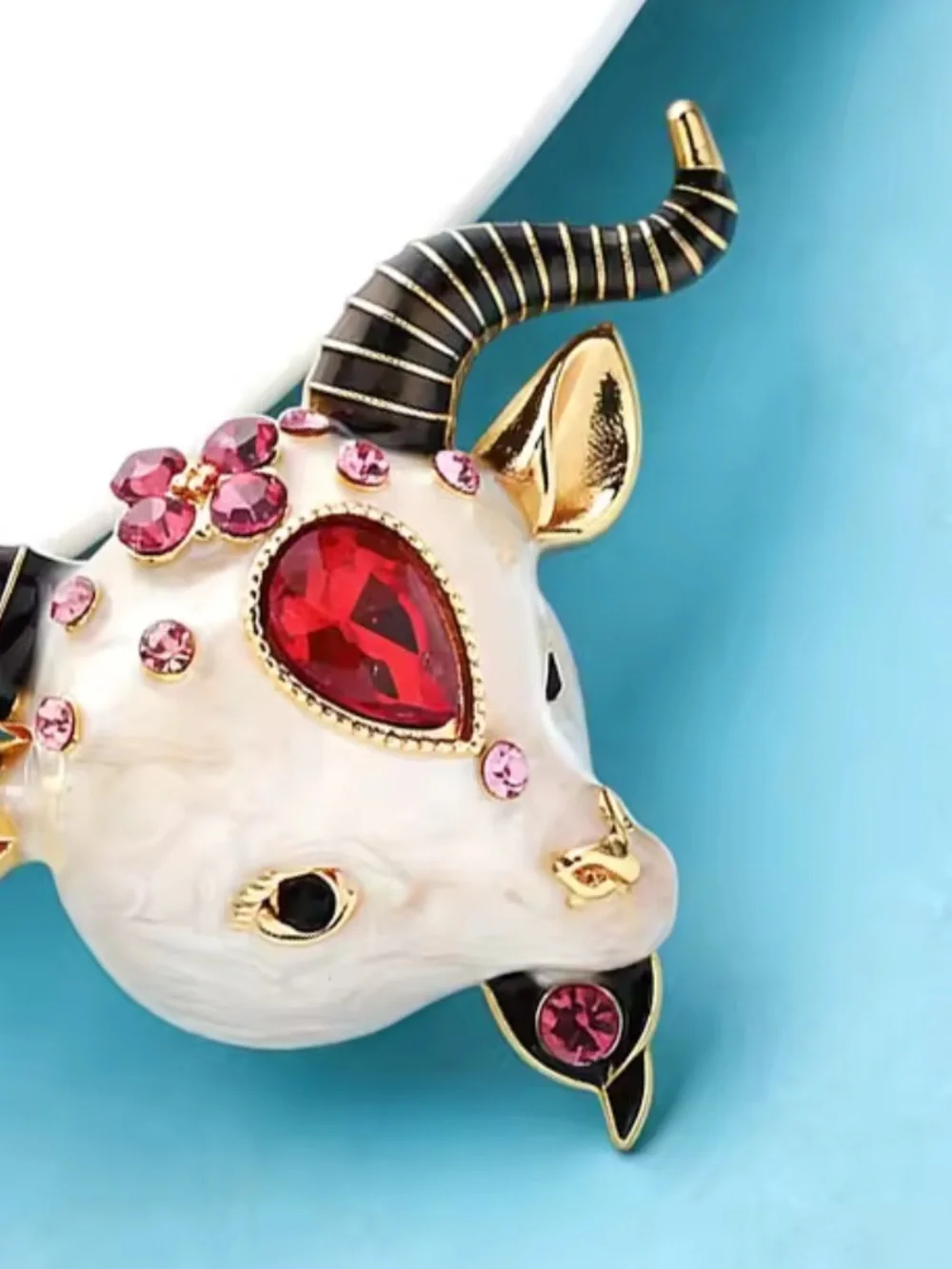 Luxury Ram Goat Head Red Ruby Crystal Brooch